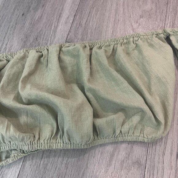 Green Linen Look Bardot Puff Sleeve Beach Top SZ 10 USA UK 14 - Picture 7 of 12